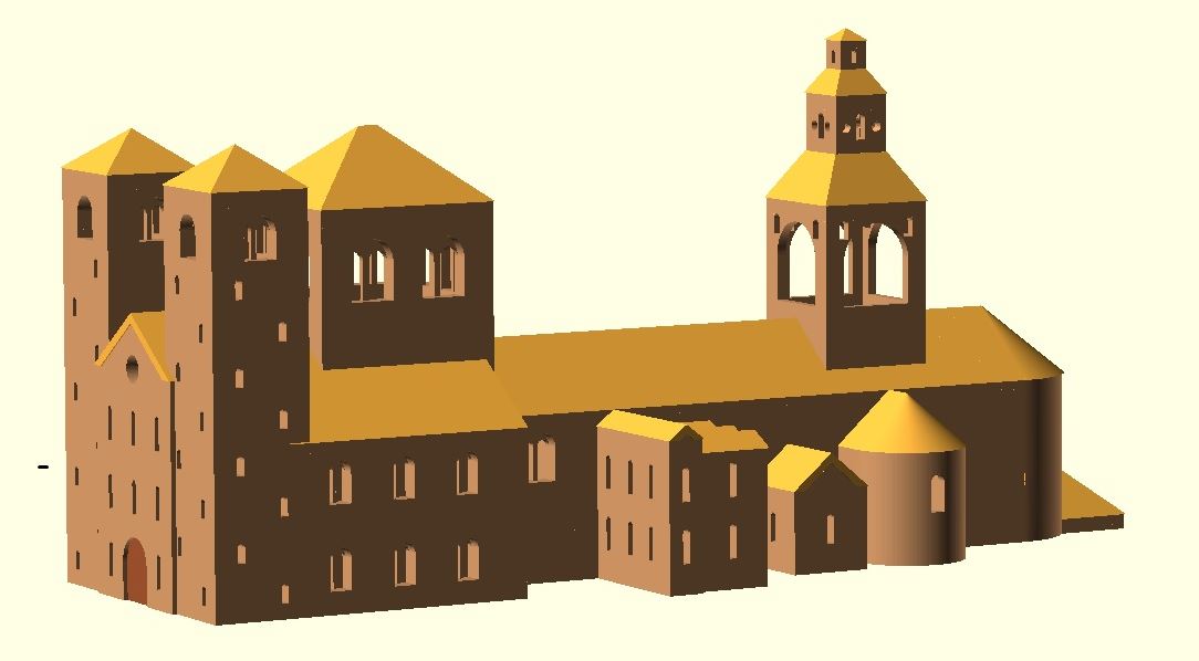Figure 18: Re-imagined final phase c.1092 Old MInster CSG model using OpenSCAD, 2015