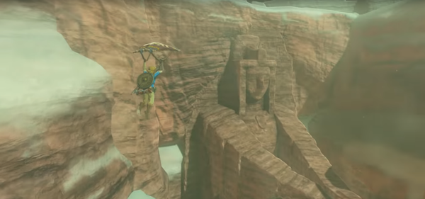 Figure 1. Statue of the eighth heroine on the northern edge of the Gerudo highlands from the 2017 trailer (Nintendo). Screen capture by authors.